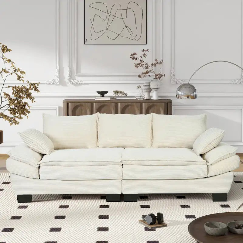 Corduroy Fabric Sofa with Removable Cushions and Throw Pillows