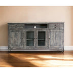 Mueble de almacenamiento cerrado de madera maciza gris de 70", acabado desgastado, soporte para TV - 70" x 37.25" x 17.75"
