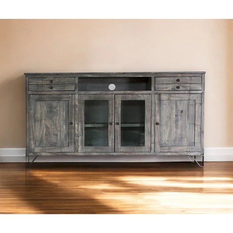 70" Gray Solid Wood Cabinet Enclosed Storage Distressed TV Stand - 70" x 37.25" x 17.75"