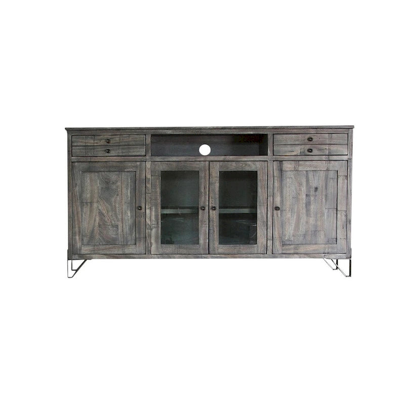 70" Gray Solid Wood Cabinet Enclosed Storage Distressed TV Stand - 70" x 37.25" x 17.75"
