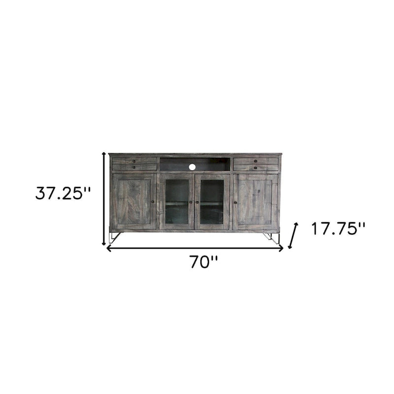 70" Gray Solid Wood Cabinet Enclosed Storage Distressed TV Stand - 70" x 37.25" x 17.75"