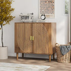 Walnut Sideboard Cabinet, Freestanding Buffet Cabinet with Line Groove Design Wood Storage Cabinet with Adjustable Shelf