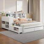 Cama de plataforma matrimonial con almacenamiento, escritorio, puertos USB y 2 cajones - Blanca