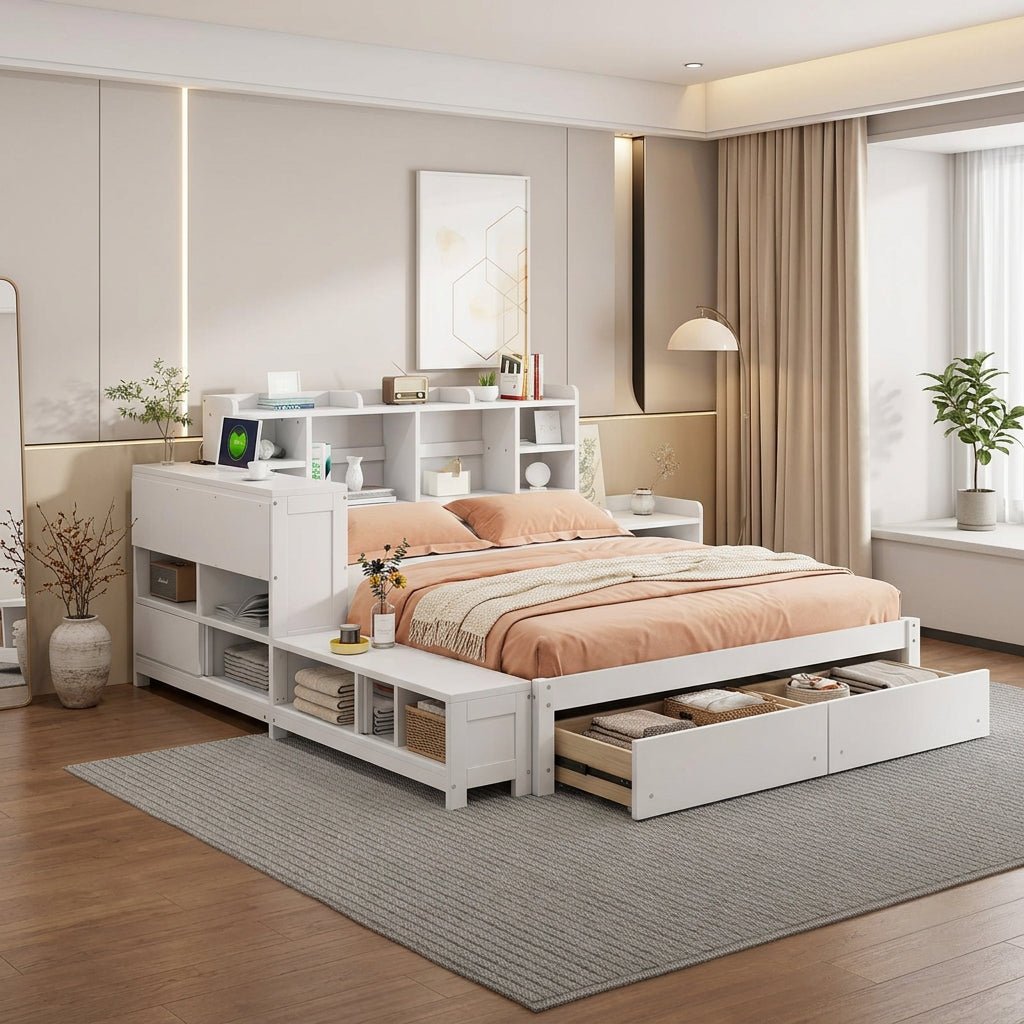 Full Size Wooden Platform Bed with Storage, Nightstand, Desk, USB Ports & 2 Drawers,White