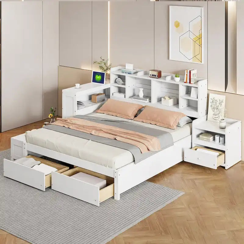 Cama de plataforma matrimonial con almacenamiento, escritorio, puertos USB y 2 cajones - Blanca