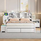 Cama de plataforma matrimonial con almacenamiento, escritorio, puertos USB y 2 cajones - Blanca