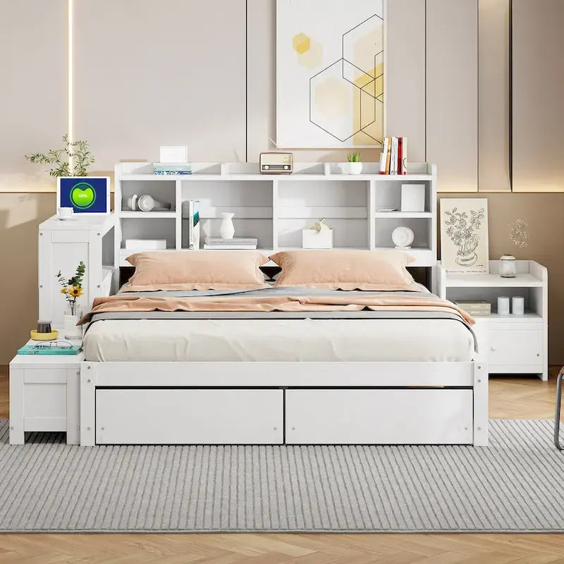 Cama de plataforma matrimonial con almacenamiento, escritorio, puertos USB y 2 cajones - Blanca