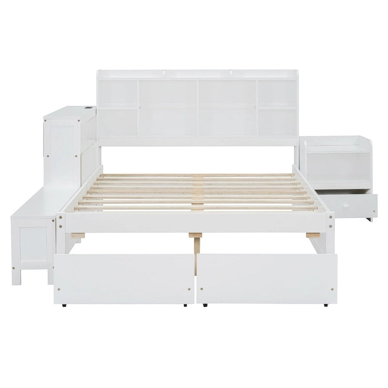Cama de plataforma matrimonial con almacenamiento, escritorio, puertos USB y 2 cajones - Blanca