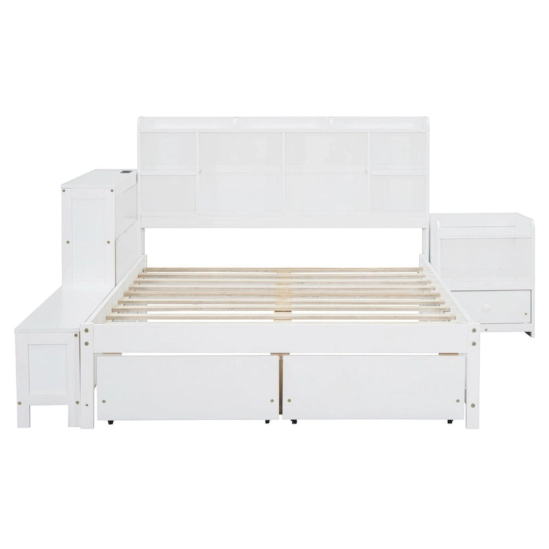 Cama de plataforma matrimonial con almacenamiento, escritorio, puertos USB y 2 cajones - Blanca