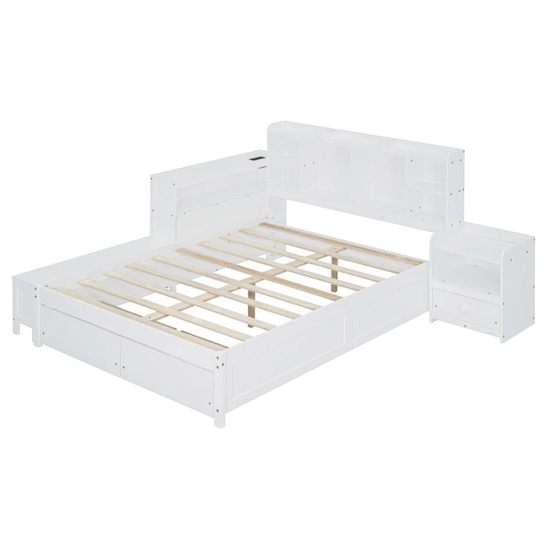 Cama de plataforma matrimonial con almacenamiento, escritorio, puertos USB y 2 cajones - Blanca
