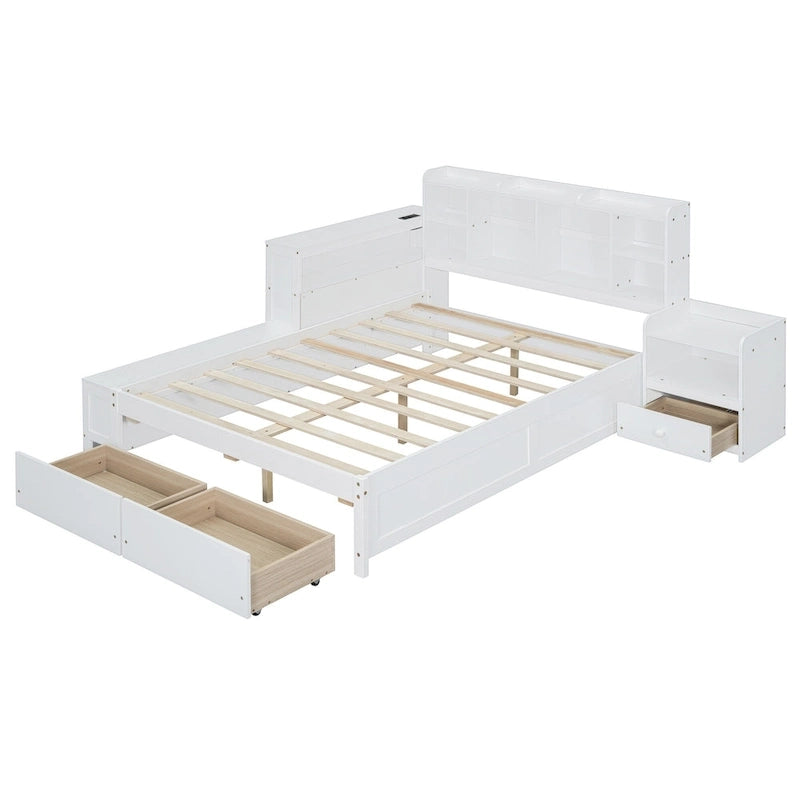 Cama de plataforma matrimonial con almacenamiento, escritorio, puertos USB y 2 cajones - Blanca