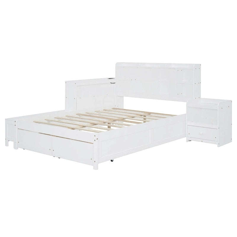 Cama de plataforma matrimonial con almacenamiento, escritorio, puertos USB y 2 cajones - Blanca