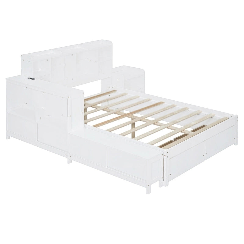 Cama de plataforma matrimonial con almacenamiento, escritorio, puertos USB y 2 cajones - Blanca