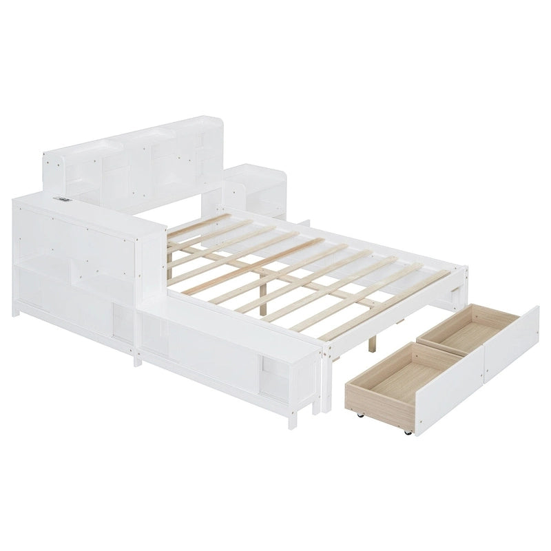 Cama de plataforma matrimonial con almacenamiento, escritorio, puertos USB y 2 cajones - Blanca
