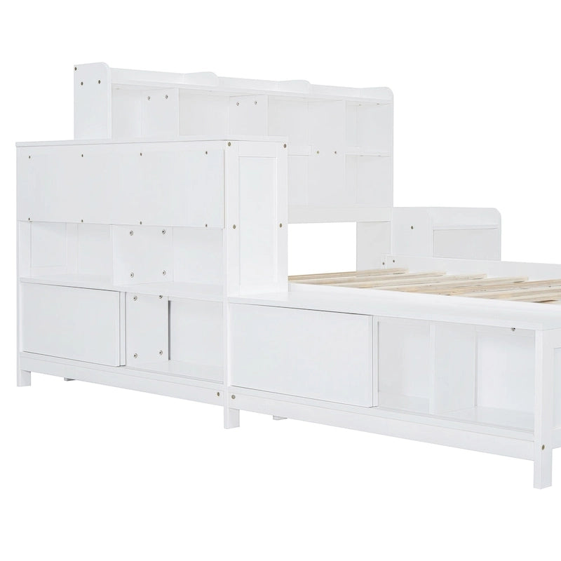 Cama de plataforma matrimonial con almacenamiento, escritorio, puertos USB y 2 cajones - Blanca