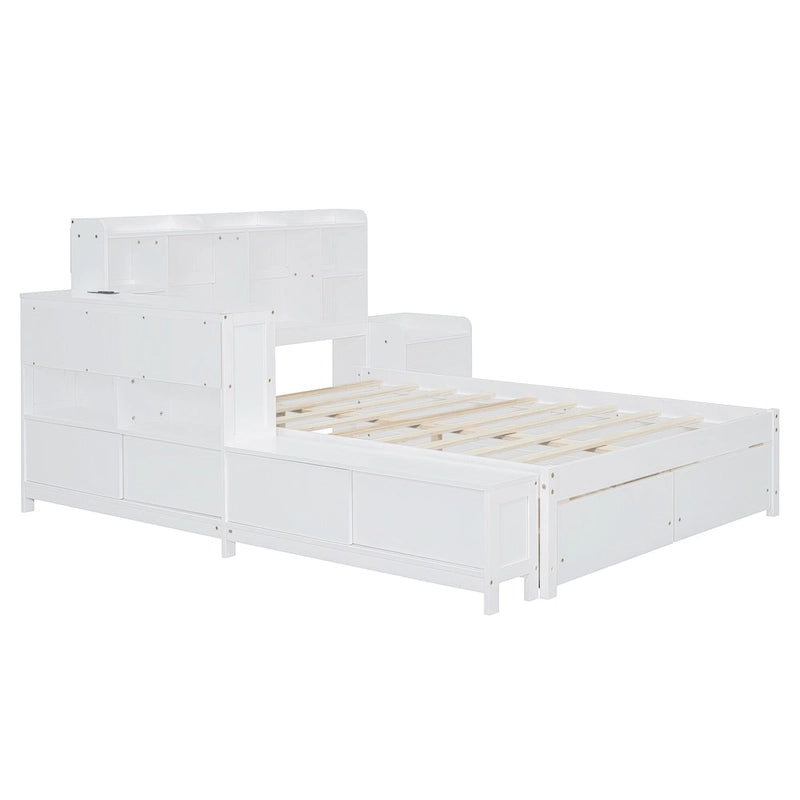 Cama de plataforma matrimonial con almacenamiento, escritorio, puertos USB y 2 cajones - Blanca
