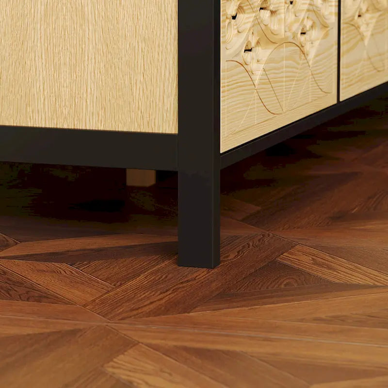 Schrank mit neun Schubladen, geschnitzten Holzschubladen und Metallrahmen