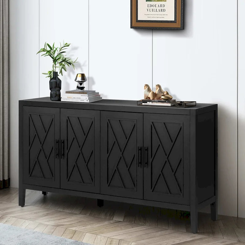 Sideboard-Schrank mit 4 Türen, verstellbarem Einlegeboden und Beinen aus Massivholz