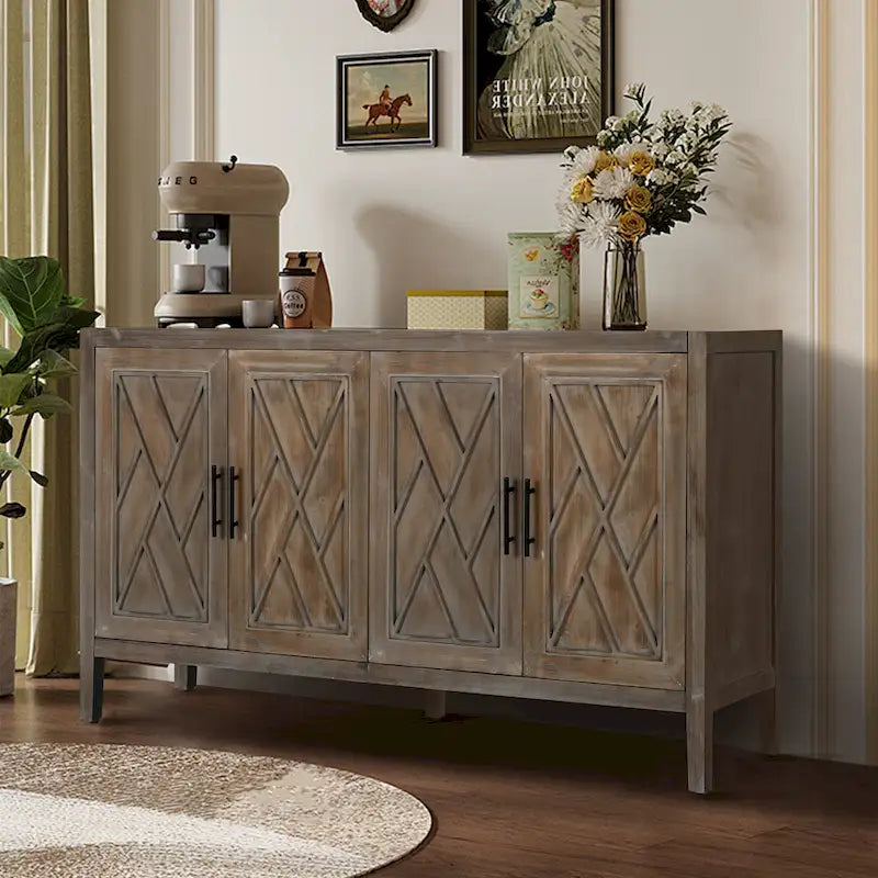 Sideboard-Schrank mit 4 Türen, verstellbarem Einlegeboden und Beinen aus Massivholz