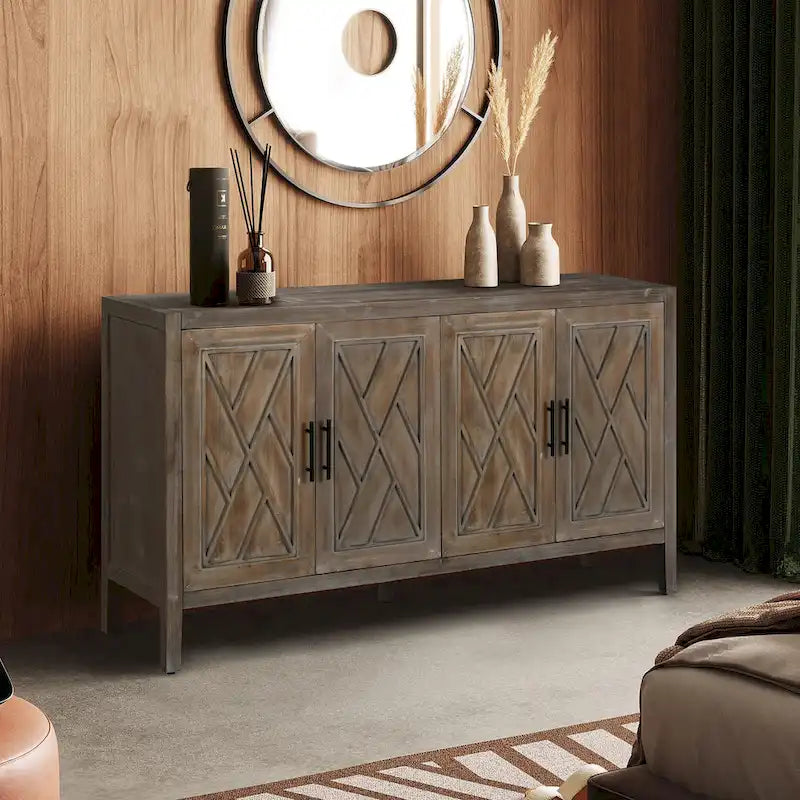 Sideboard-Schrank mit 4 Türen, verstellbarem Einlegeboden und Beinen aus Massivholz