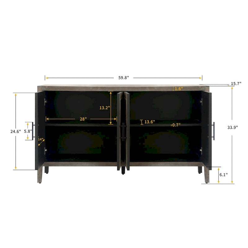 Sideboard-Schrank mit 4 Türen, verstellbarem Einlegeboden und Beinen aus Massivholz