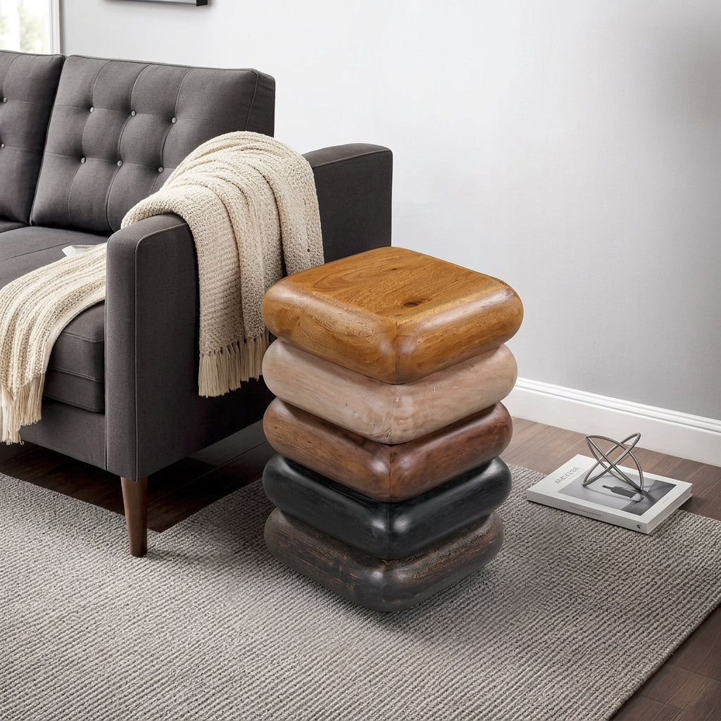 Zyra 12 Inch Side End Table, Sculptural Stacked Design, Mango and Acacia Wood Artisanship, Brown