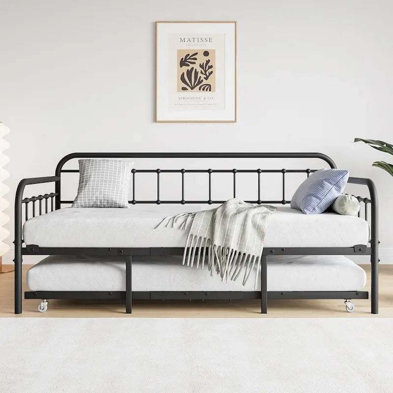 Cama de metal individual con cama nido y soporte de listones de acero