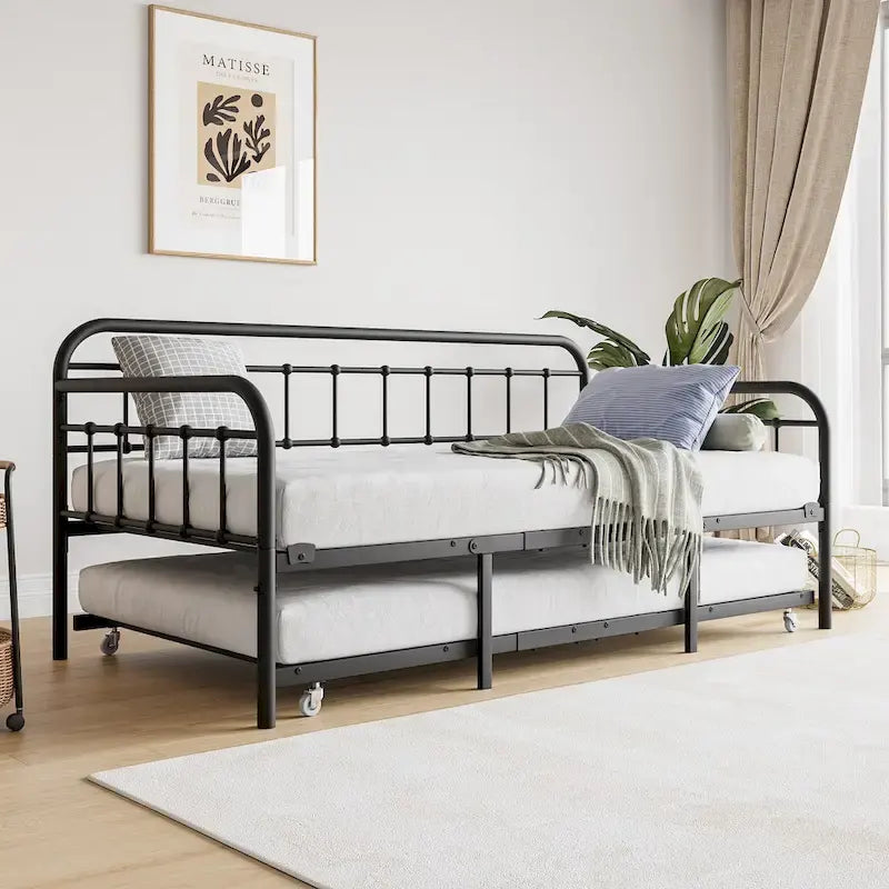 Cama de metal individual con cama nido y soporte de listones de acero