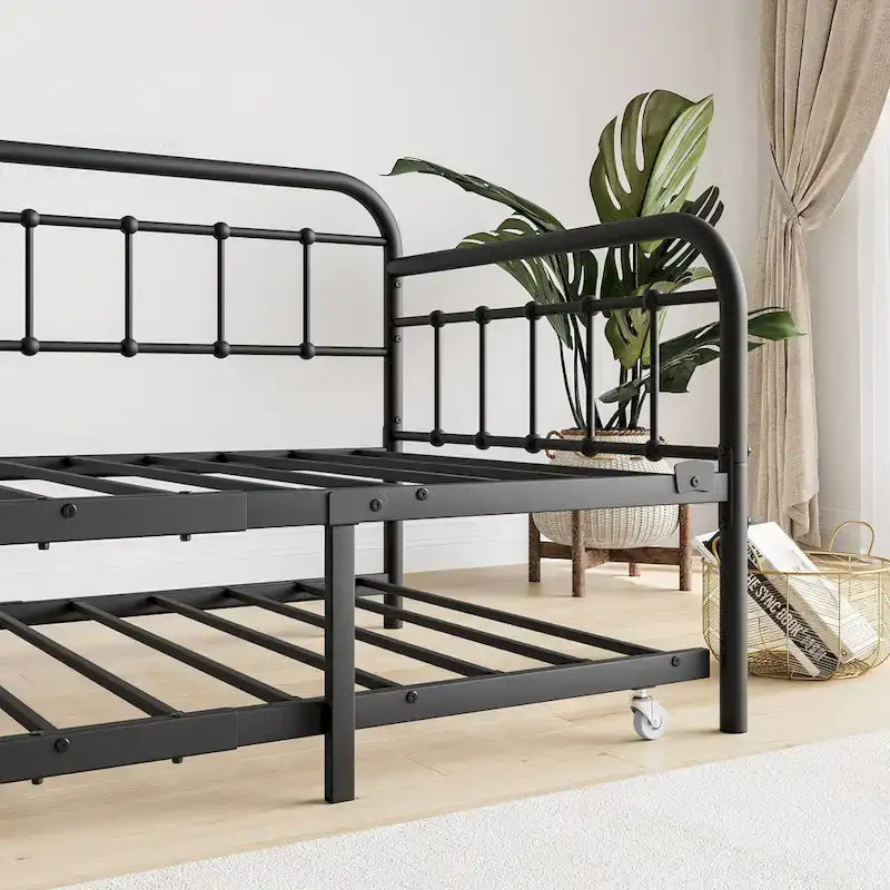 Cama de metal individual con cama nido y soporte de listones de acero