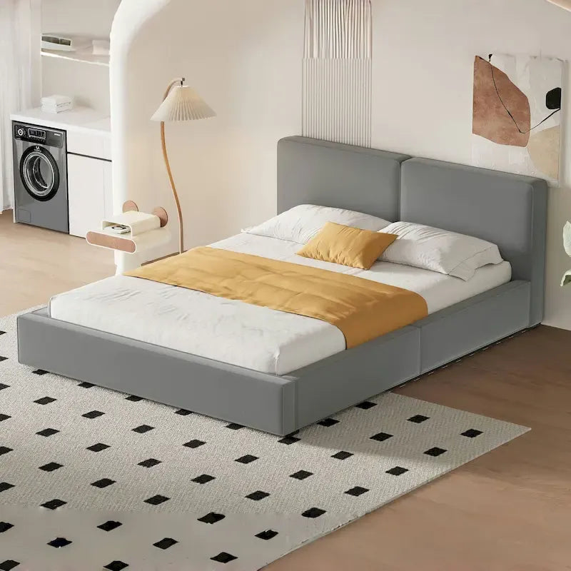 Cama de plataforma tapizada tamaño queen con tela de terciopelo – gris