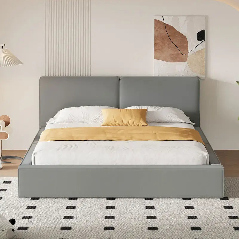 Cama de plataforma tapizada tamaño queen con tela de terciopelo – gris