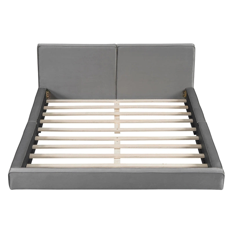 Cama de plataforma tapizada tamaño queen con tela de terciopelo – gris
