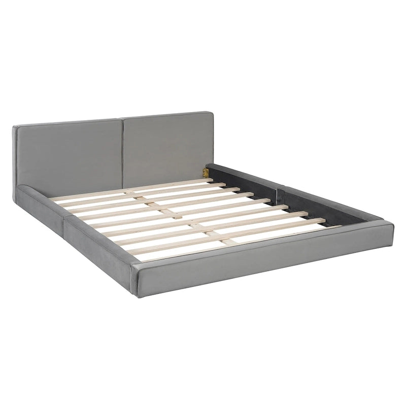 Cama de plataforma tapizada tamaño queen con tela de terciopelo – gris