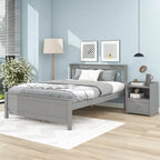 Grey Pine Wood Full Bed with Slatted Headboard and Footboard - No Box Spring Required, Includes Nightstand