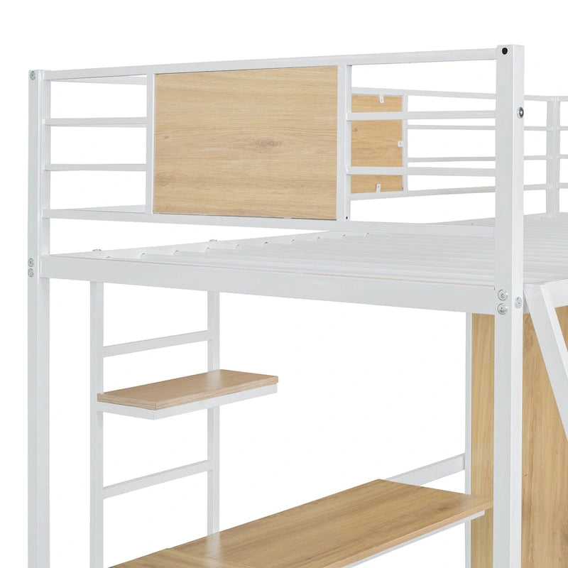 Hochbett in Einzelgröße mit L-förmigem Schreibtisch, Kleiderschrank, Sicherheitsgitter und Leiter