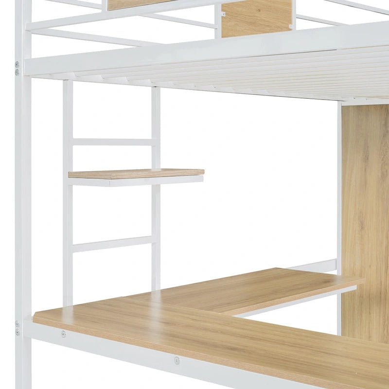 Cama alta individual con escritorio en forma de L, armario, barandilla y escalera