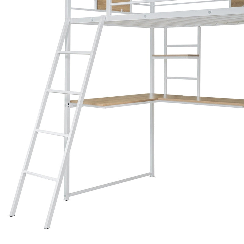 Hochbett in Einzelgröße mit L-förmigem Schreibtisch, Kleiderschrank, Sicherheitsgitter und Leiter