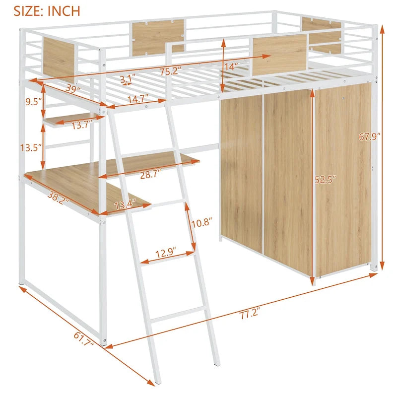 Hochbett in Einzelgröße mit L-förmigem Schreibtisch, Kleiderschrank, Sicherheitsgitter und Leiter