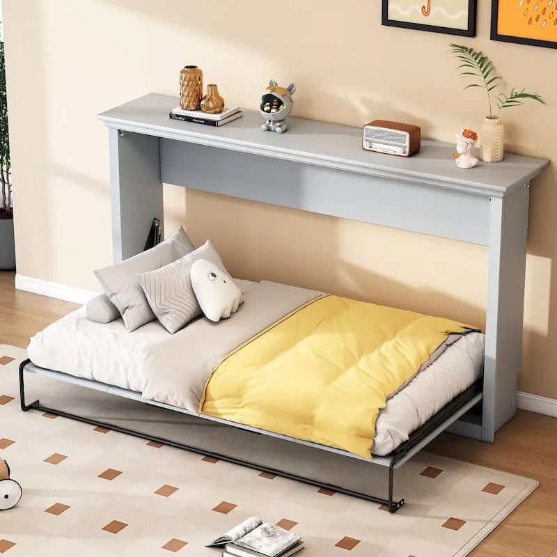 Cama abatible matrimonial con escritorio, estantes de almacenamiento y armarios