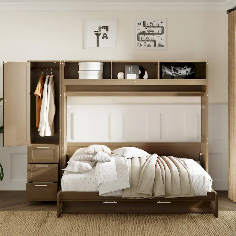 Cama abatible matrimonial con armario, cajones y estantes