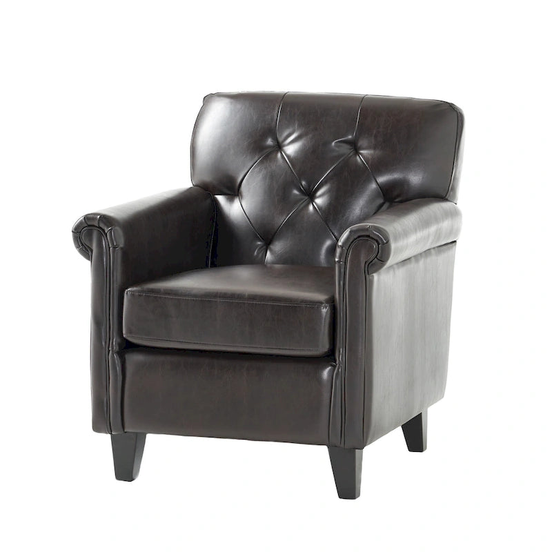 Fauteuil club capitonné en cuir reconstitué marron
