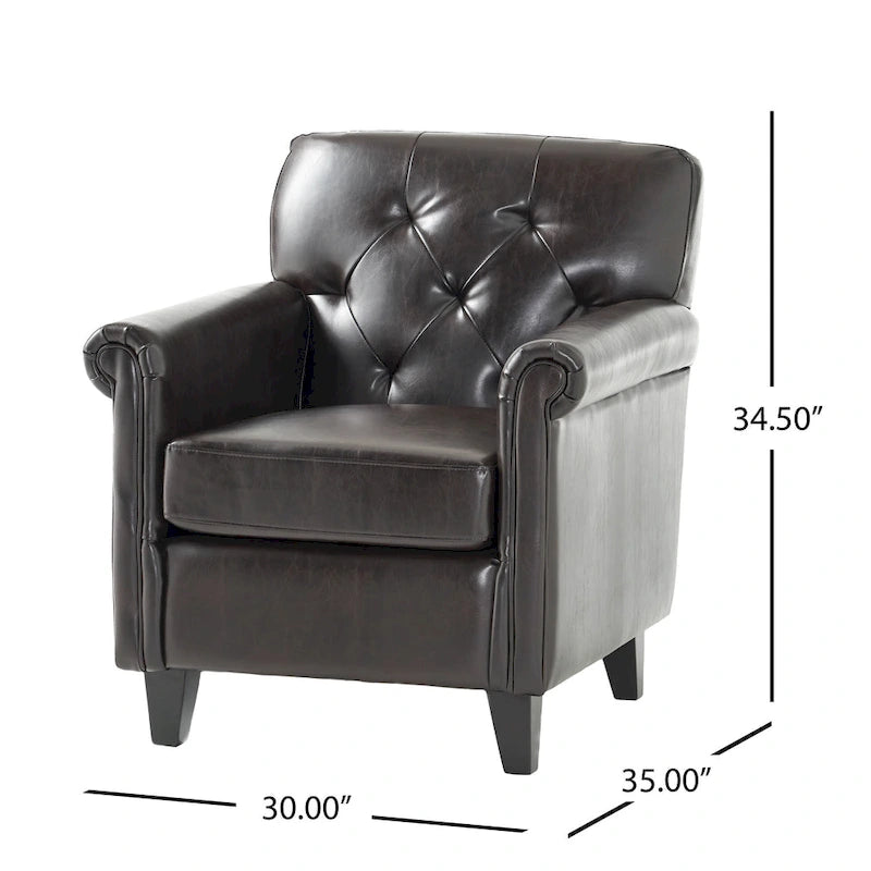 Fauteuil club capitonné en cuir reconstitué marron
