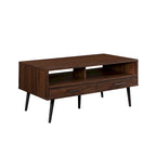 Table basse contemporaine avec tiroirs et rangement ouvert