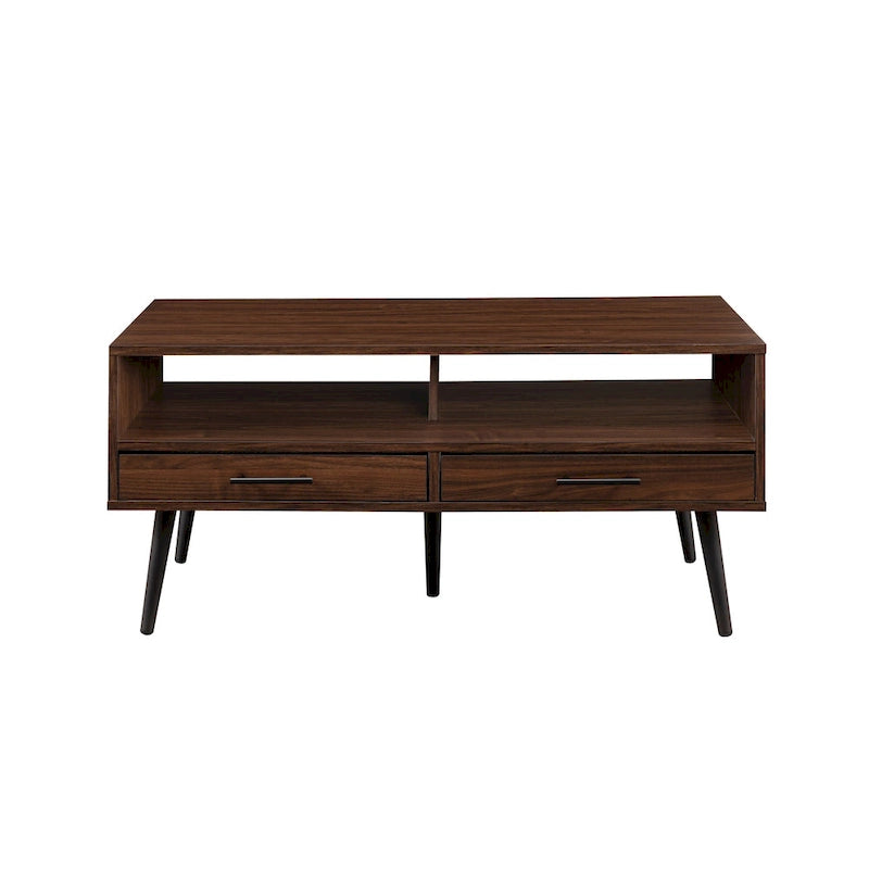 Table basse contemporaine avec tiroirs et rangement ouvert