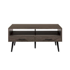 Table basse contemporaine avec tiroirs et rangement ouvert