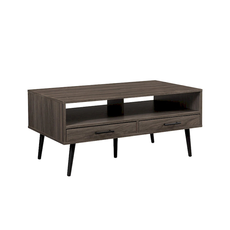 Table basse contemporaine avec tiroirs et rangement ouvert