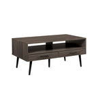 Table basse contemporaine avec tiroirs et rangement ouvert