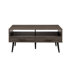 Table basse contemporaine avec tiroirs et rangement ouvert
