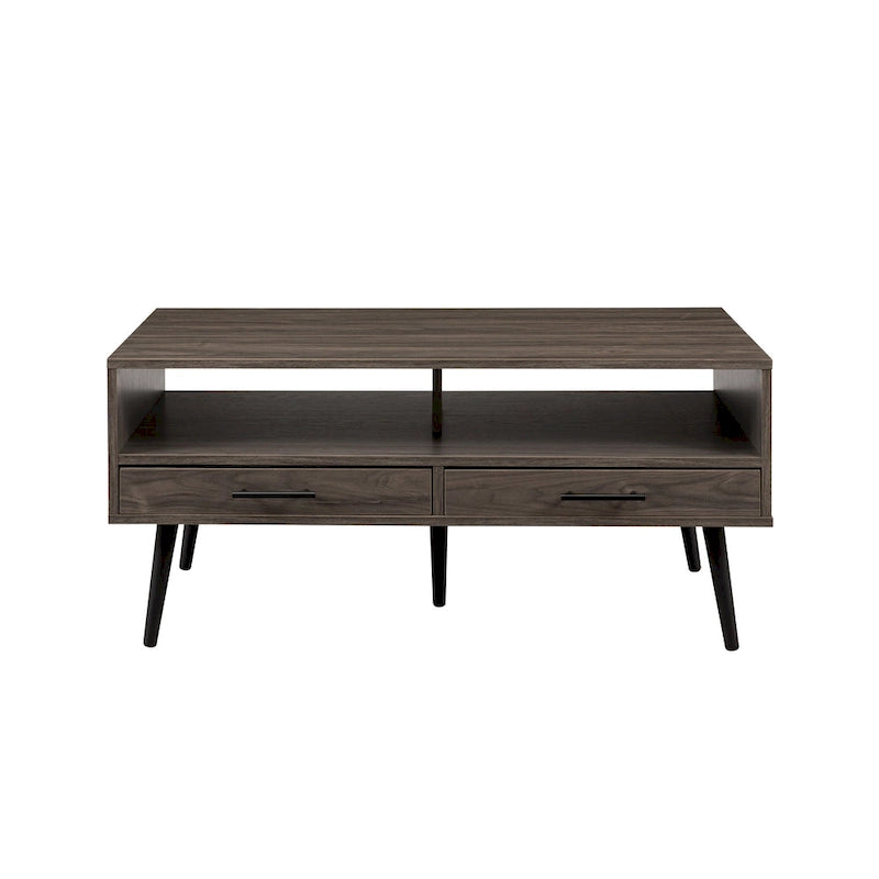 Table basse contemporaine avec tiroirs et rangement ouvert