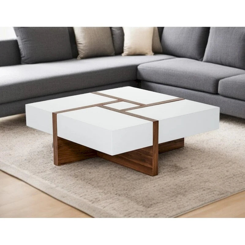 Square Coffee Table with Storage Drawers, White and Walnut Finish